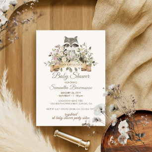 Cute Raccoon Botanical Ribbon Baby Shower Invitation