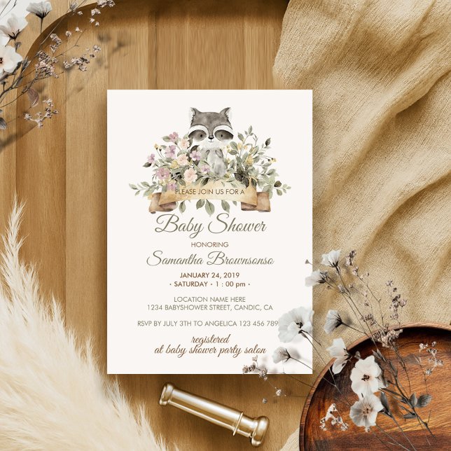 Cute Raccoon Botanical Ribbon Baby Shower Invitation (Creator Uploaded)