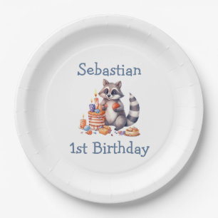 Cute Raccoon Boy 1st Birthday Party Custom Paper Plates