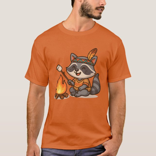 Cute Raccoon Camping and Roasting Marshmallow retr T-Shirt (Front)
