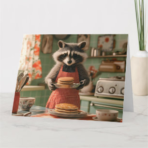 Cute Raccoon Chef in Retro Kitchen Serving Pancake Card