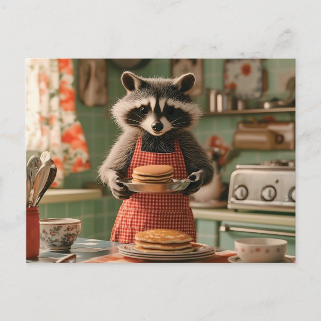 Cute Raccoon Chef in Retro Kitchen Serving Pancake Holiday Postcard (Front)