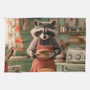 Cute Raccoon Chef in Retro Kitchen Serving Pancake Towel