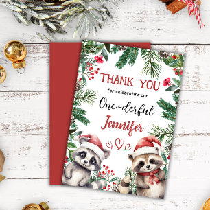 Cute Raccoon Christmas 1° Birthday Thank You Card