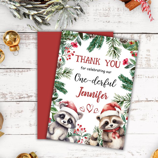 Cute Raccoon Christmas 1° Birthday Thank You Card (Creator Uploaded)