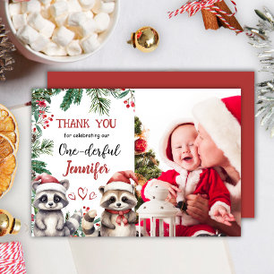 Cute Raccoon Christmas 1st Birthday Thank You Card