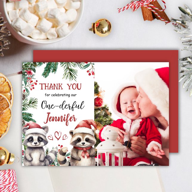 Cute Raccoon Christmas 1st Birthday Thank You Card (Creator Uploaded)