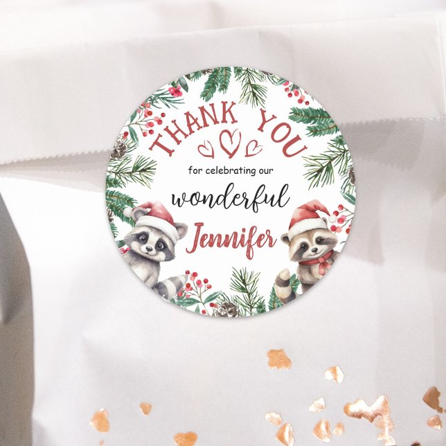 Cute Raccoon Christmas 2nd Birthday Thank You Classic Round Sticker (Creator Uploaded)