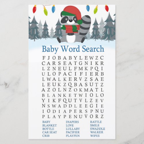 Cute Raccoon Christmas Baby Shower Word Search