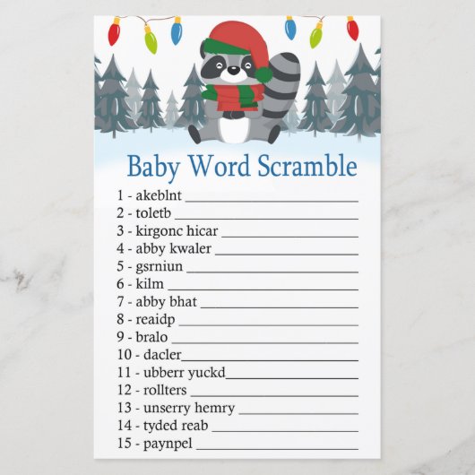 Cute Raccoon Christmas Baby word scramble game (Front)
