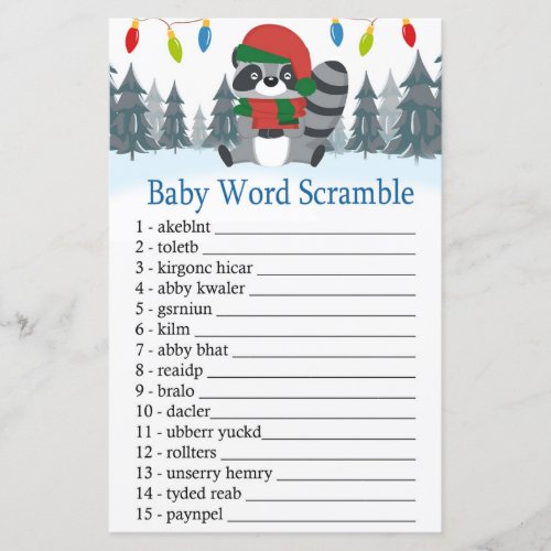 Cute Raccoon Christmas Baby word scramble game