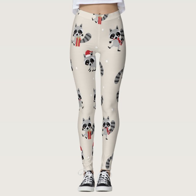 Cute Raccoon Christmas Pattern Leggings (Front)