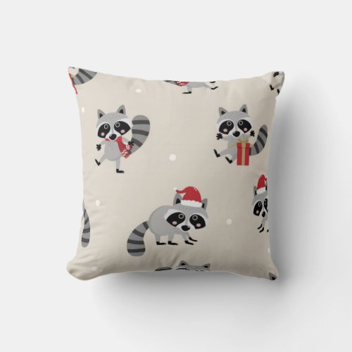 Cute Raccoon Christmas Pattern Throw Pillow