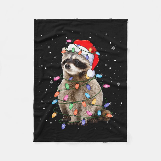 Cute Raccoon Christmas Tree Lights Pajama Raccoon  Fleece Blanket (Front)