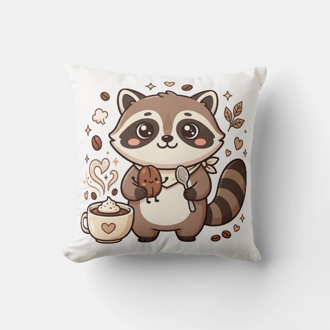 Cute Raccoon Coffee Pillow Throw (Front)