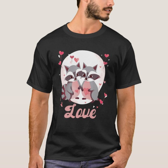 Cute Raccoon Couple with Hearts T-Shirt (Front)