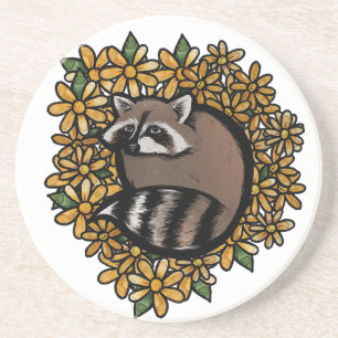 Cute Raccoon Daisy Flower Art raccoo Coaster