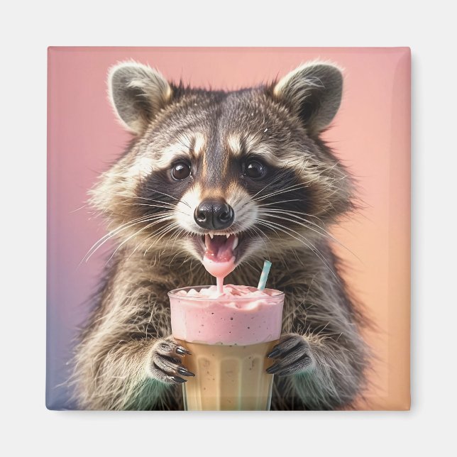 Cute Raccoon Drinking Milkshake Magnet (Front)