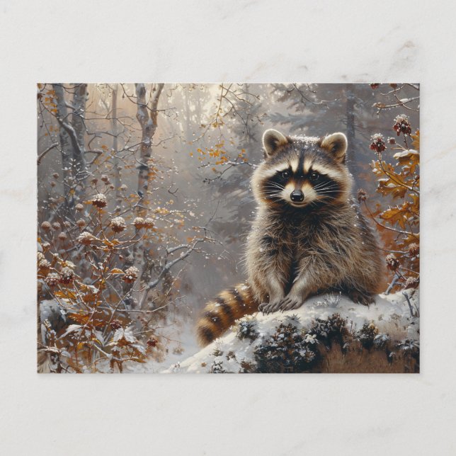 Cute Raccoon During Winter Oil Painting Postcard (Front)