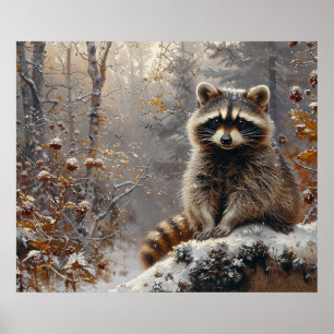 Cute Raccoon During Winter Oil Painting Poster