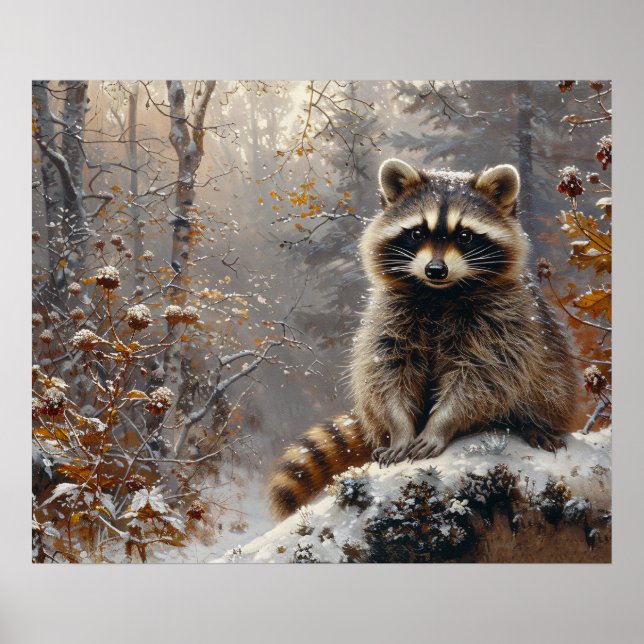 Cute Raccoon During Winter Oil Painting Poster (Front)