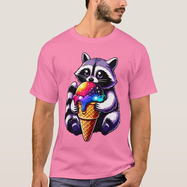Cute Raccoon Eating A Space Cream Cone T-Shirt (Front)