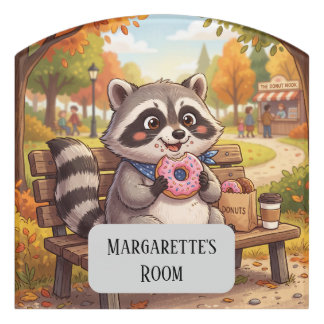 Cute Raccoon Eating Strawberry Donut | Personalize Door Sign