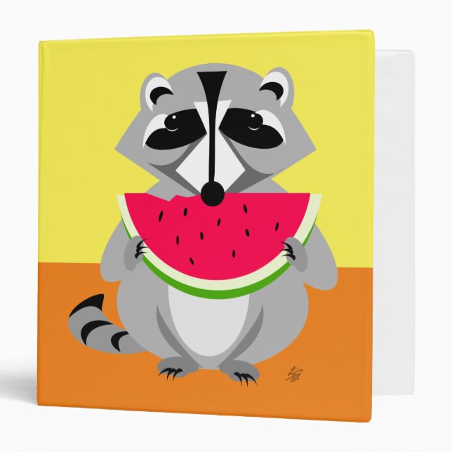 Cute raccoon Eating Watermelon 3 Ring Binder (Front/Inside)