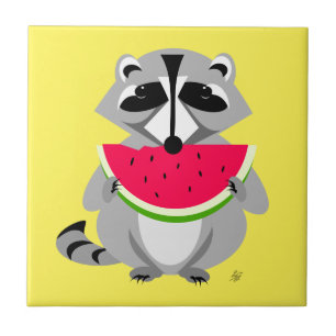 Cute raccoon Eating Watermelon Ceramic Tile