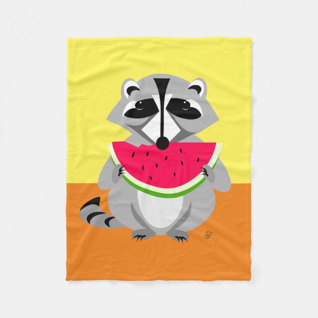 Cute raccoon Eating Watermelon Fleece Blanket (Front)