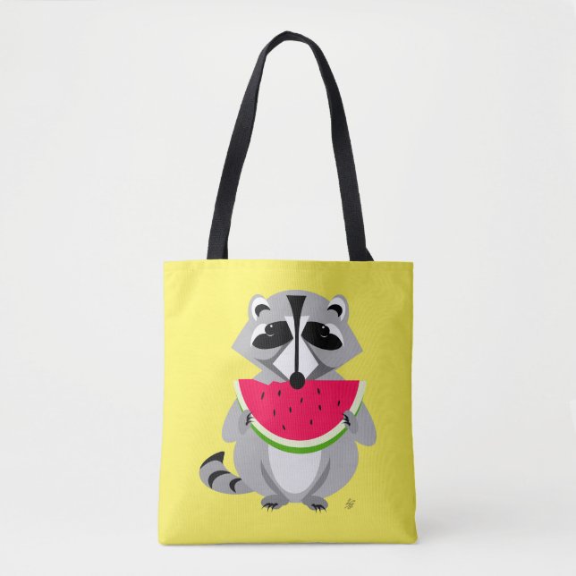 Cute raccoon Eating Watermelon Tote Bag (Front)