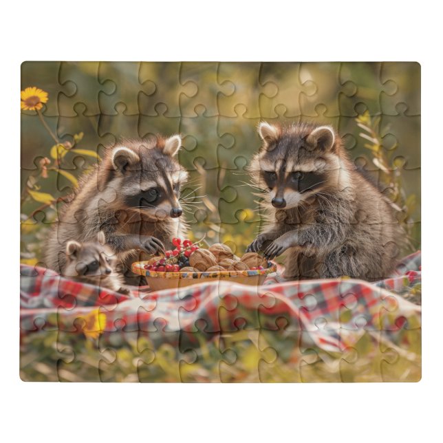 Cute raccoon family having a picnic jigsaw puzzle (Puzzle Horizontal)