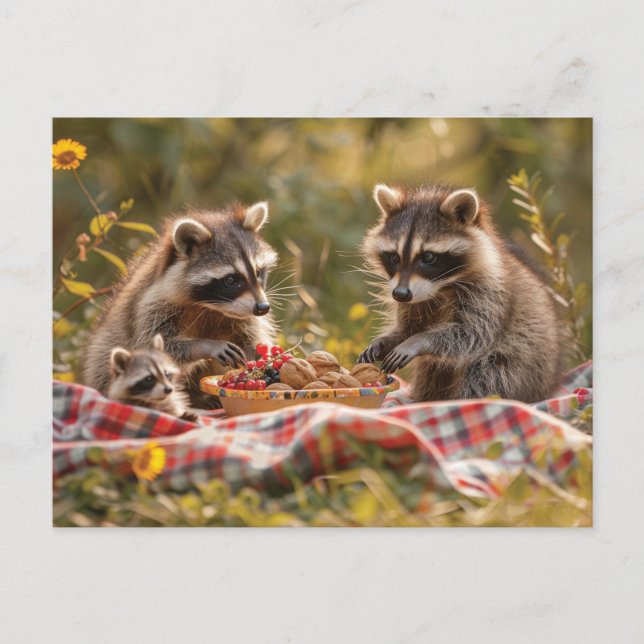 Cute raccoon family having a picnic postcard (Front)