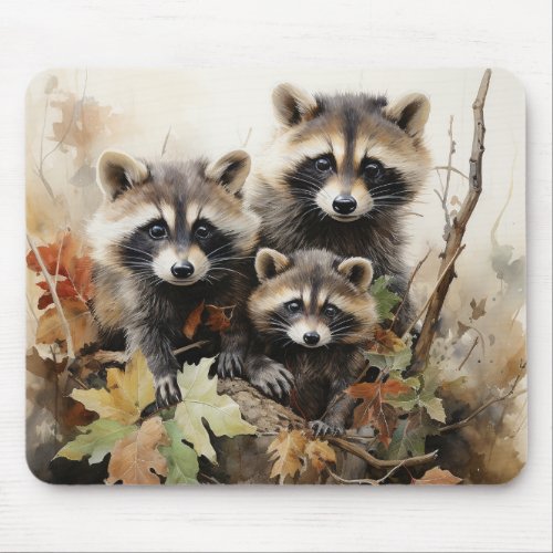 Cute Raccoon Family Wildlife Forest Mouse Pad