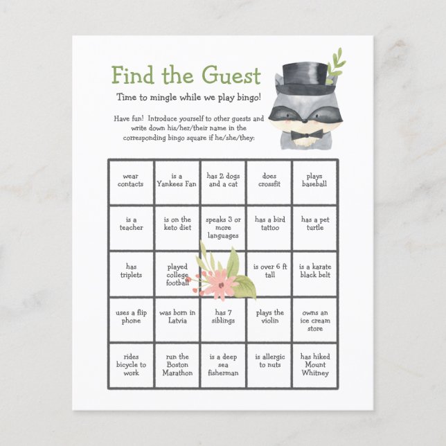 Cute Raccoon Find the Guest Baby Shower Bingo Game (Front)