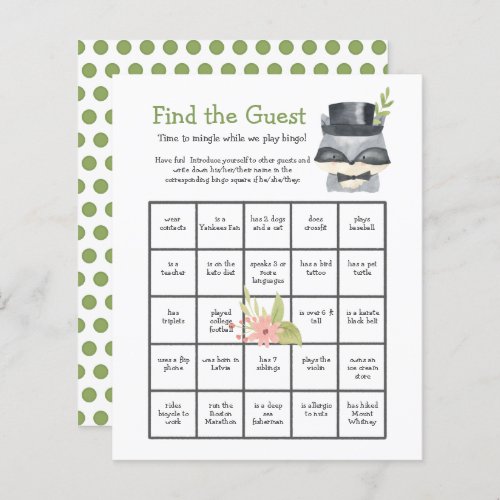 Cute Raccoon Find the Guest Baby Shower Bingo Game