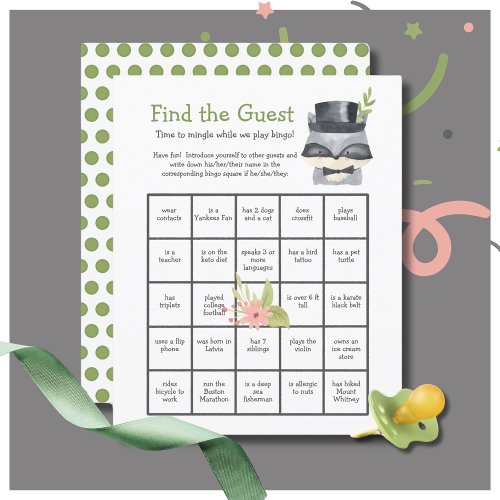 Cute Raccoon Find the Guest Baby Shower Bingo Game