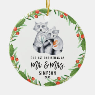 Cute Raccoon First Christmas As Mr and Mrs Couple Ceramic Ornament