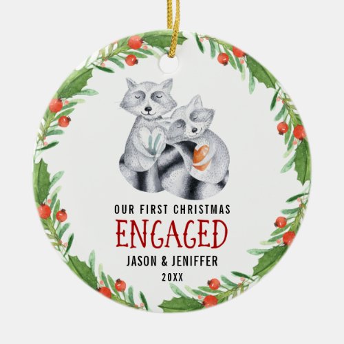 Cute Raccoon First Christmas Engaged Couple Ceramic Ornament