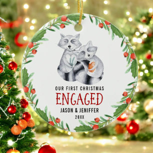 Cute Raccoon First Christmas Engaged Couple Ceramic Ornament