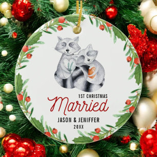 Cute Raccoon First Christmas Married Newlywed Ceramic Ornament