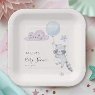 Cute Raccoon Flying Balloon Boy Baby Shower Paper Plates