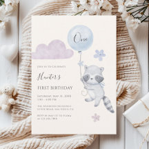 Cute Raccoon Flying Balloon Boy First Birthday 