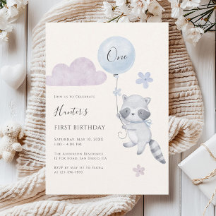 Cute Raccoon Flying Balloon Boy First Birthday Invitation