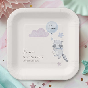 Cute Raccoon Flying Balloon Boy First Birthday Paper Plates