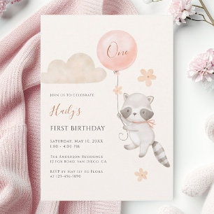 Cute Raccoon Flying Balloon Girl First Birthday  Invitation