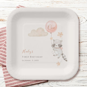 Cute Raccoon Flying Balloon Girl First Birthday Paper Plates