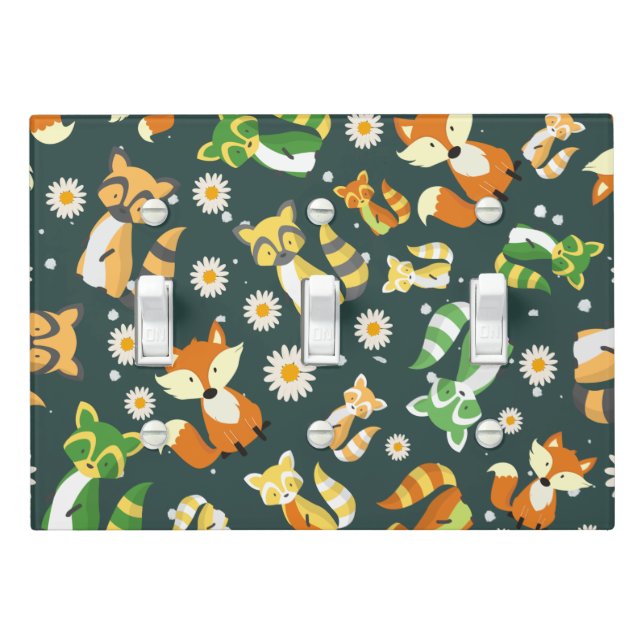 Cute raccoon forest colorful funny animals blue    light switch cover (In Situ)