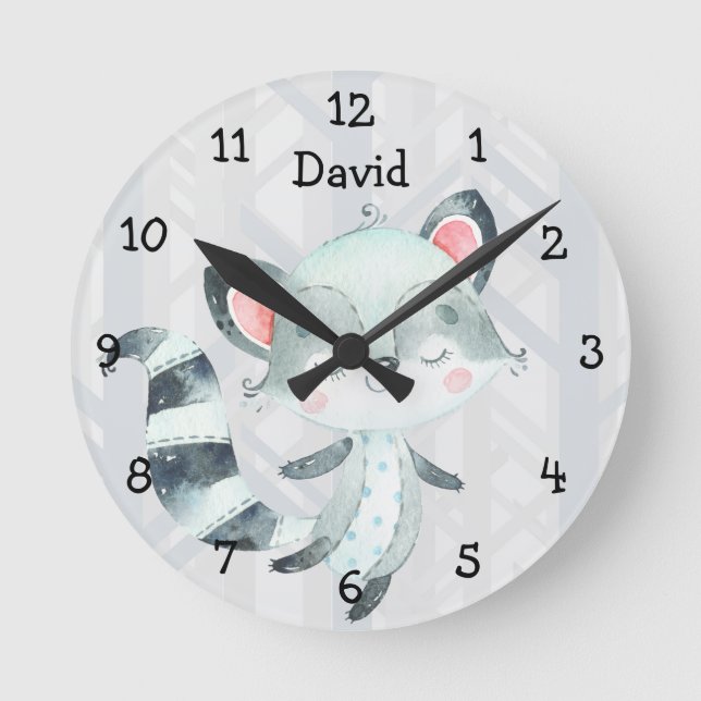Cute Raccoon Forest Woodland Boy Nursery Round Clock (Front)