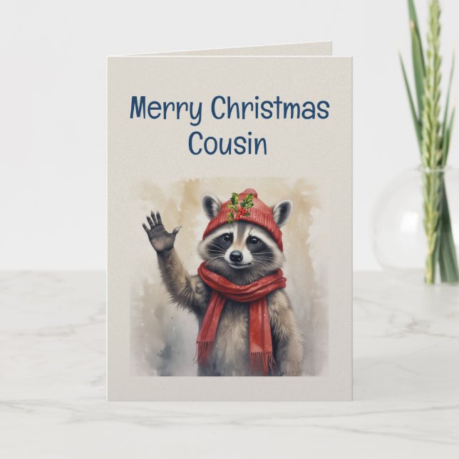 Cute Raccoon Fun Animal Cousin Christmas Card (Front)